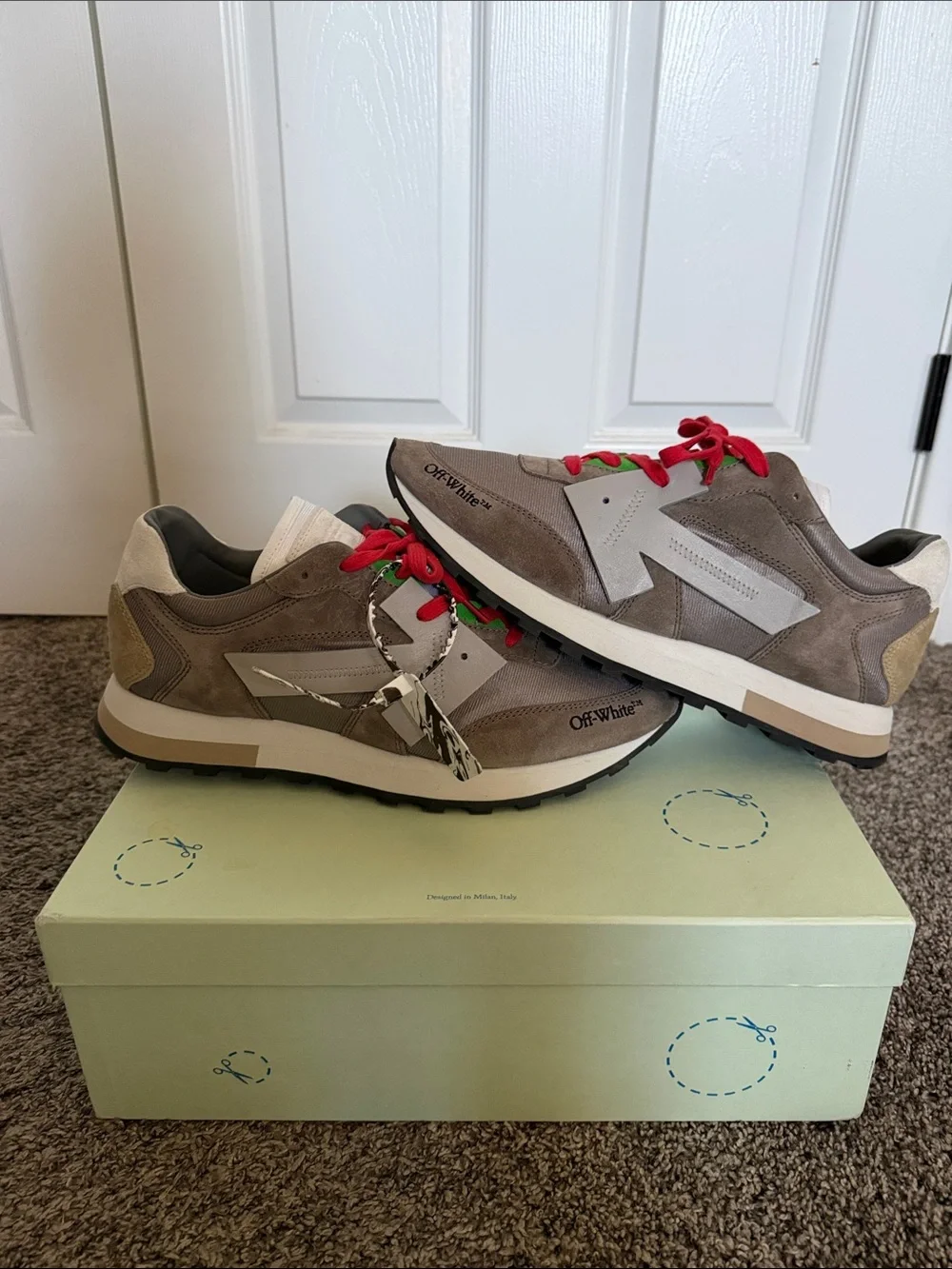 Off-White Men's Taupe Suede Sneakers with Red Laces
